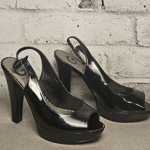 G by Guess Black Patent Platform Slingback Heels 7.5M Peep Toe High Heel